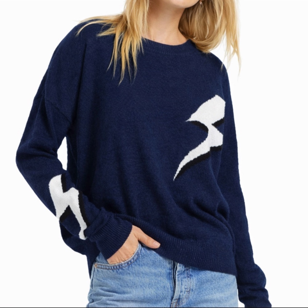 Z Supply Women Lightening Bolt Sweater Size M Navy Blue Preppy Boho Crewneck